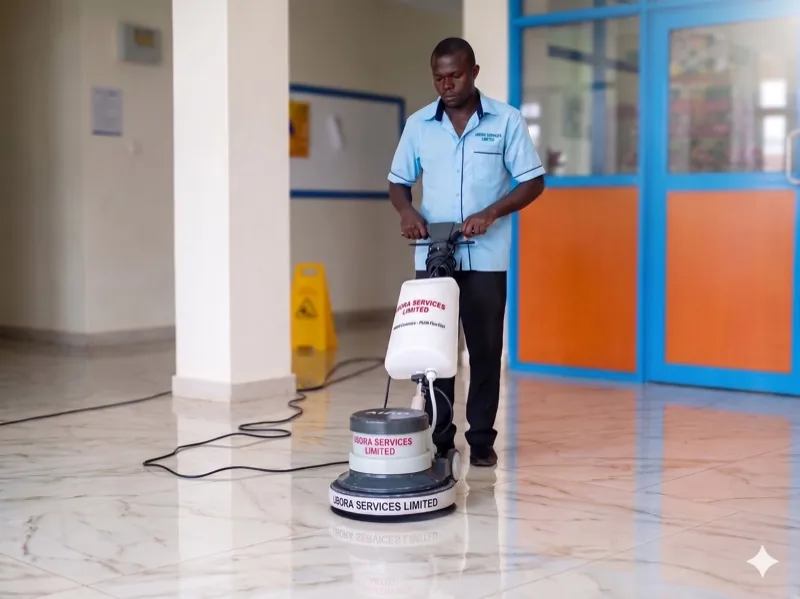 Ubora technician operating a branded floor polisher