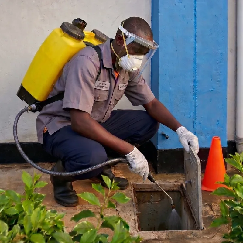 Ubora fumigation technician in full PPE treating a drain