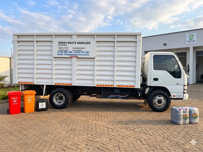 Ubora Waste Handlers truck with medical, hazardous and general waste bins